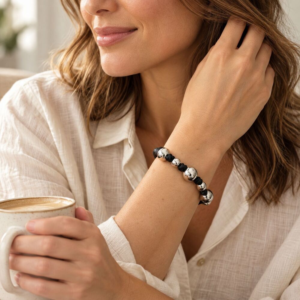 J. Jill Silver Tone Round Beaded Black Cord Magnetic Clasp Bracelet Minimalist